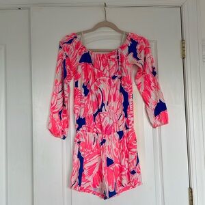 Lilly Pulitzer Lana Off Shoulder Romper in Tiki Pink Beach Bliss Size XXS
